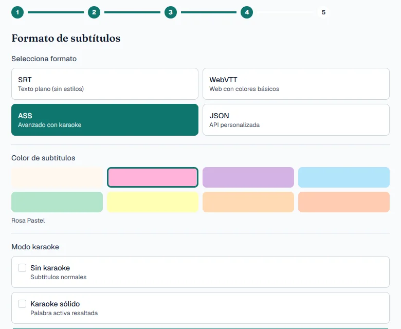 Paso de formato del asistente de Voxlate: formato ASS elegido, 8 colores pastel y modos de karaoke