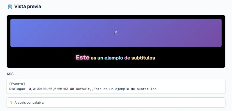 Vista previa de subtítulos karaoke arcoíris en Voxlate, con el código ASS generado